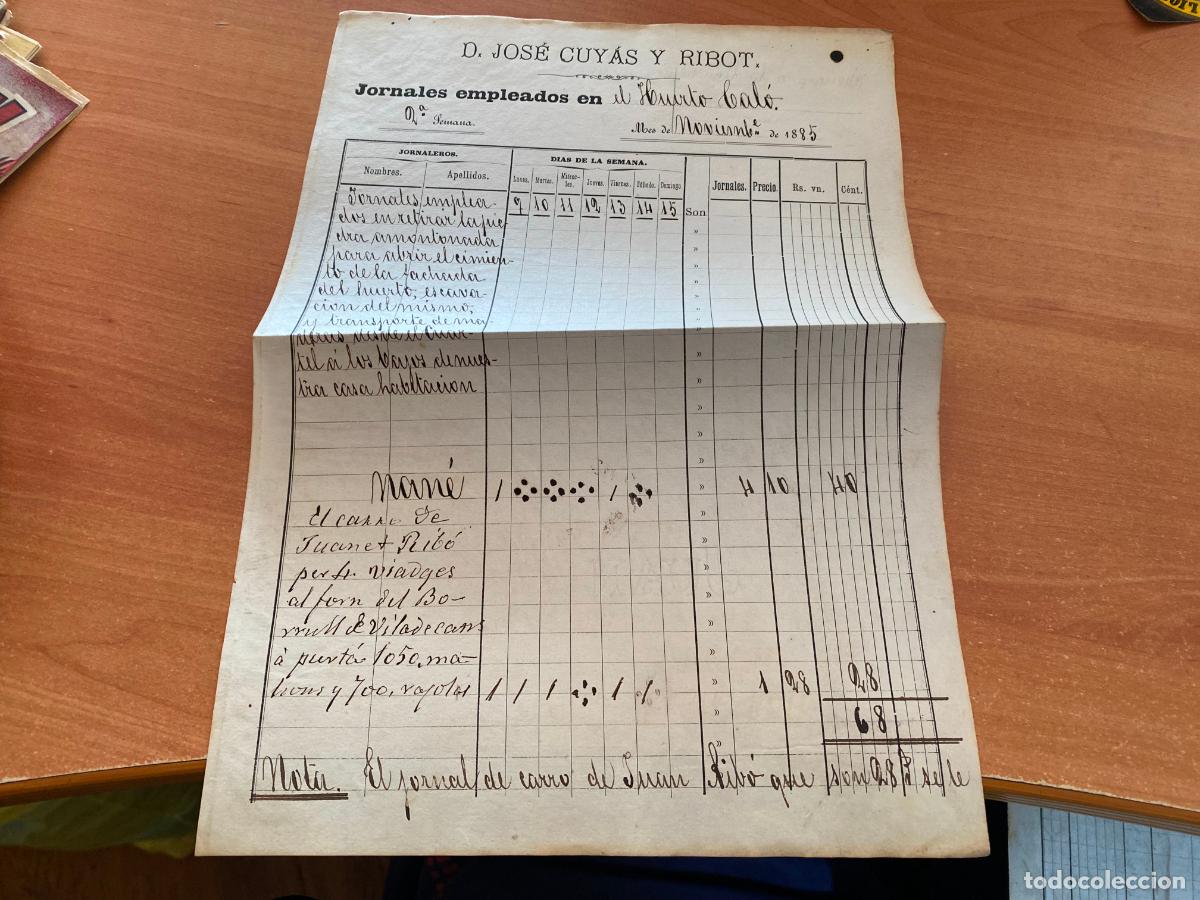 Manuscritos antigos: JORNALES EMPLEADOS 1885 D. JOSE CUYAS Y RIBOT (COIB241)