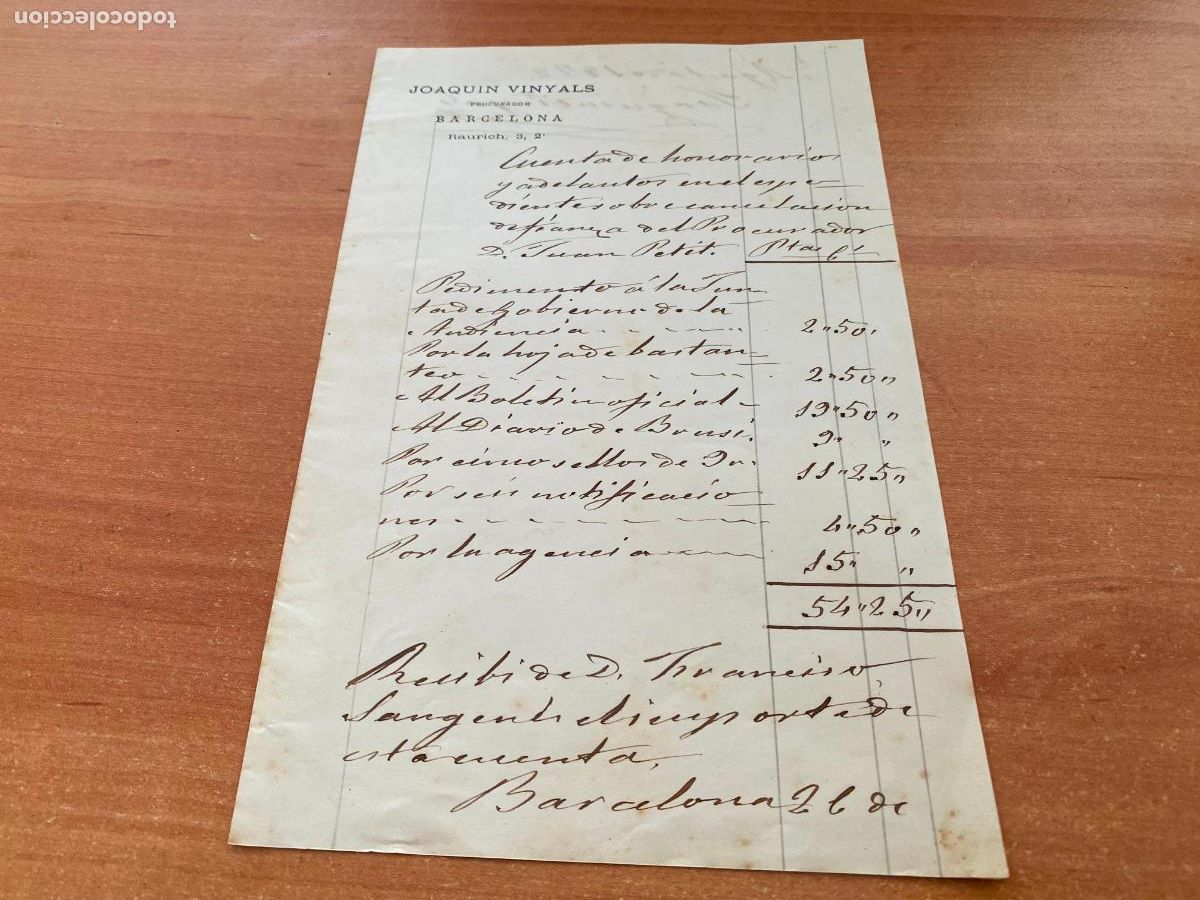 Manuscritos antigos: CUENTA HONORARIOS PROCURADOR JOAQUIN VINYALS 1878. BARCELONA (COIB241)