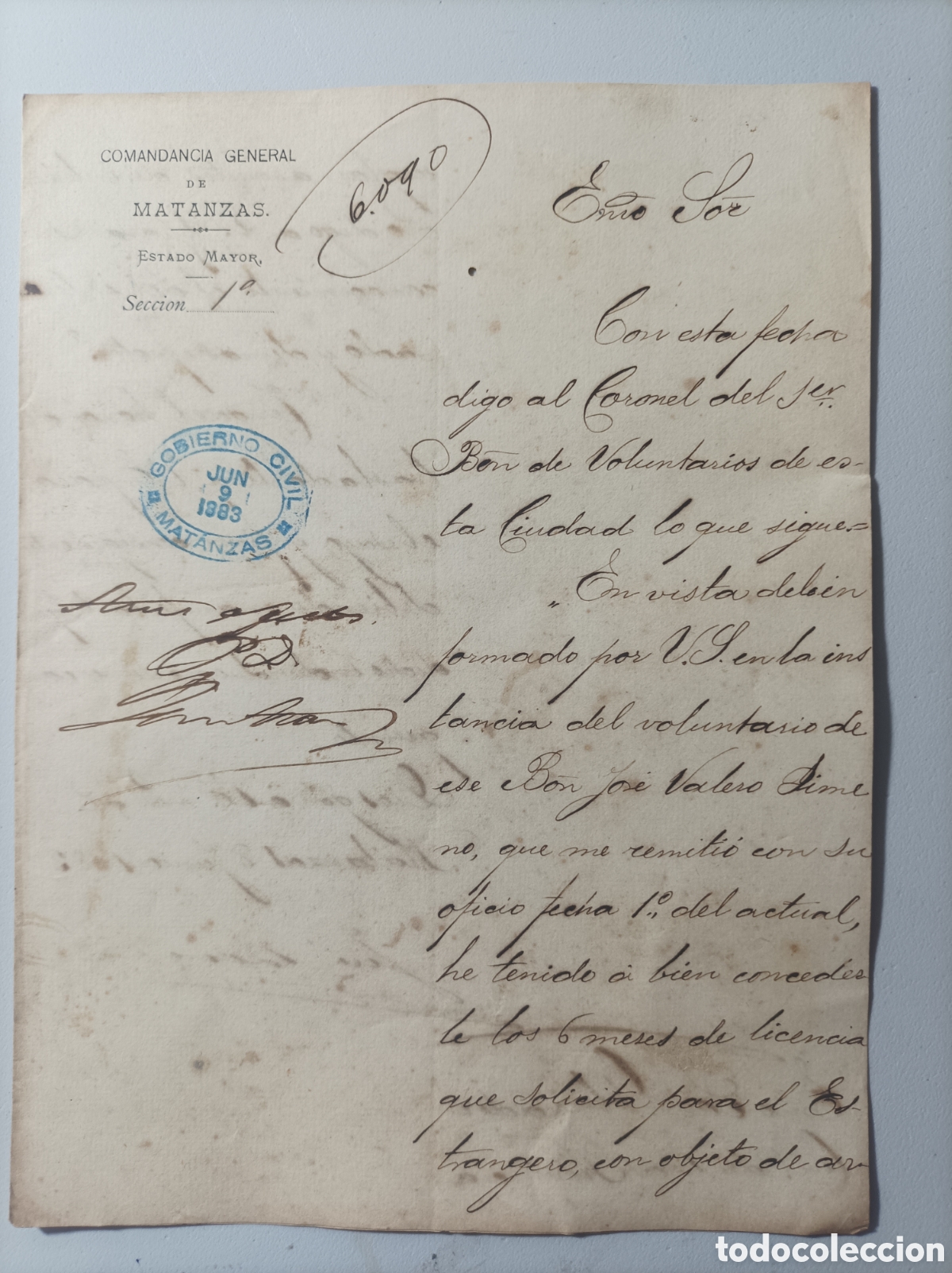 Manuscritos antiguos: Cuba espa&ntilde;ola, documento de la comandancia general de matanzas,a&ntilde;o 1883. - Foto 1