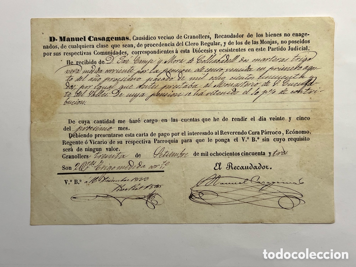 Manuscritos antigos: D. Manuel Casagemas, Caus&iacute;dico vecino de Granollers, Recaudador de los bienes no enajenados (a.1853)