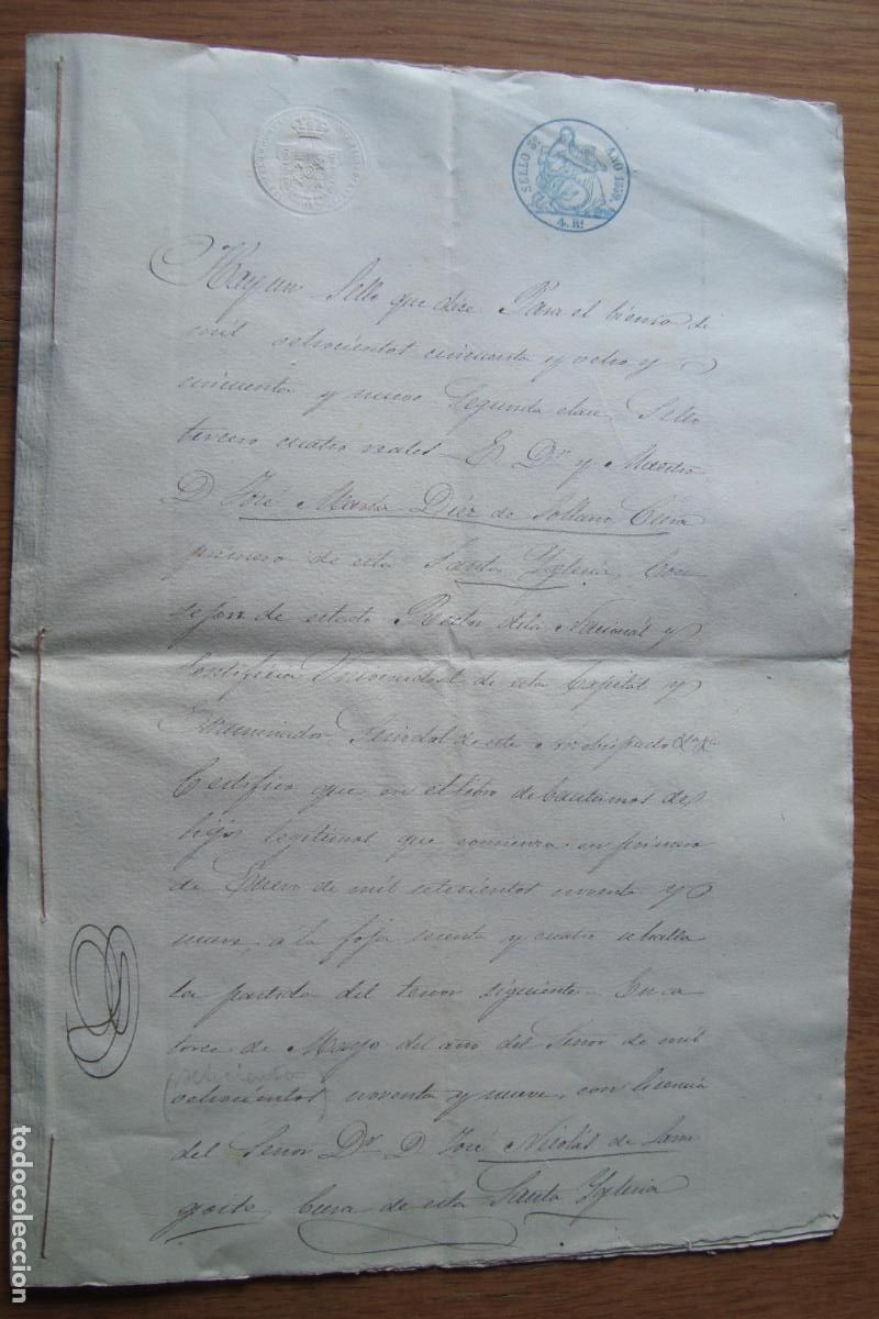 Manuscritos antigos: ANTIGUA ESCRITURA BAUTISMO MANUEL BONIFACIO ORTIZ TENORIO. PUEBLA MEXICO. EN SEVILLA 1859