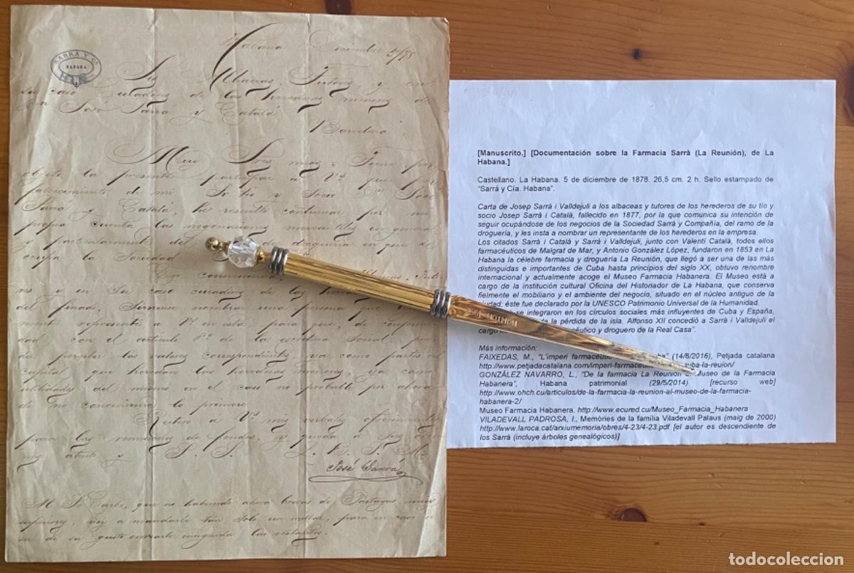 Manuscritos antigos: LA HABANA- CUBA- FARMACIA SARRA VALLDEJULI LA REUNION- 1878