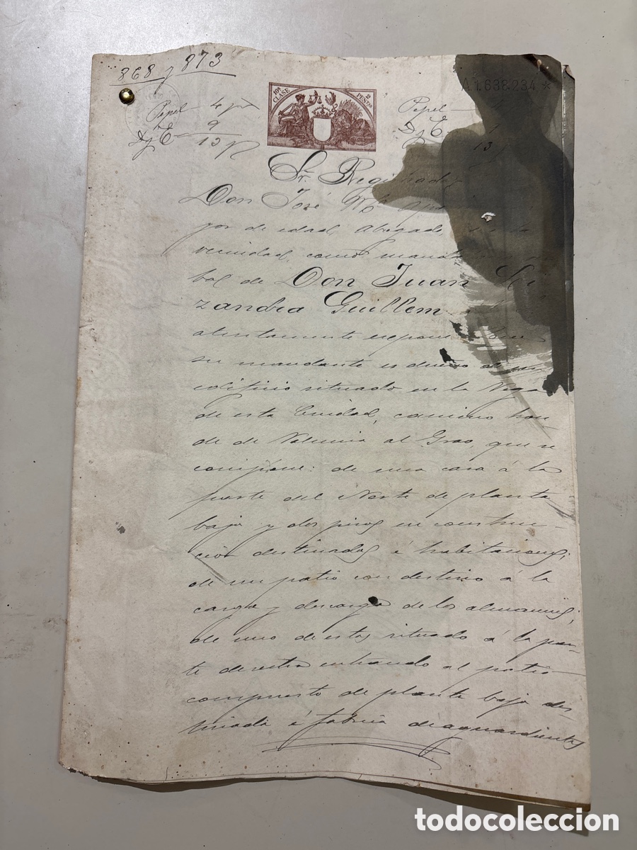 Manoscritti antichi: DOC. CERTIFICADO INSCRIPCI&Oacute;N PROPIEDAD Y ADJUDICACI&Oacute;N CAMINO HONDO DE VALENCIA GRAO. 27 OCT. 1908.