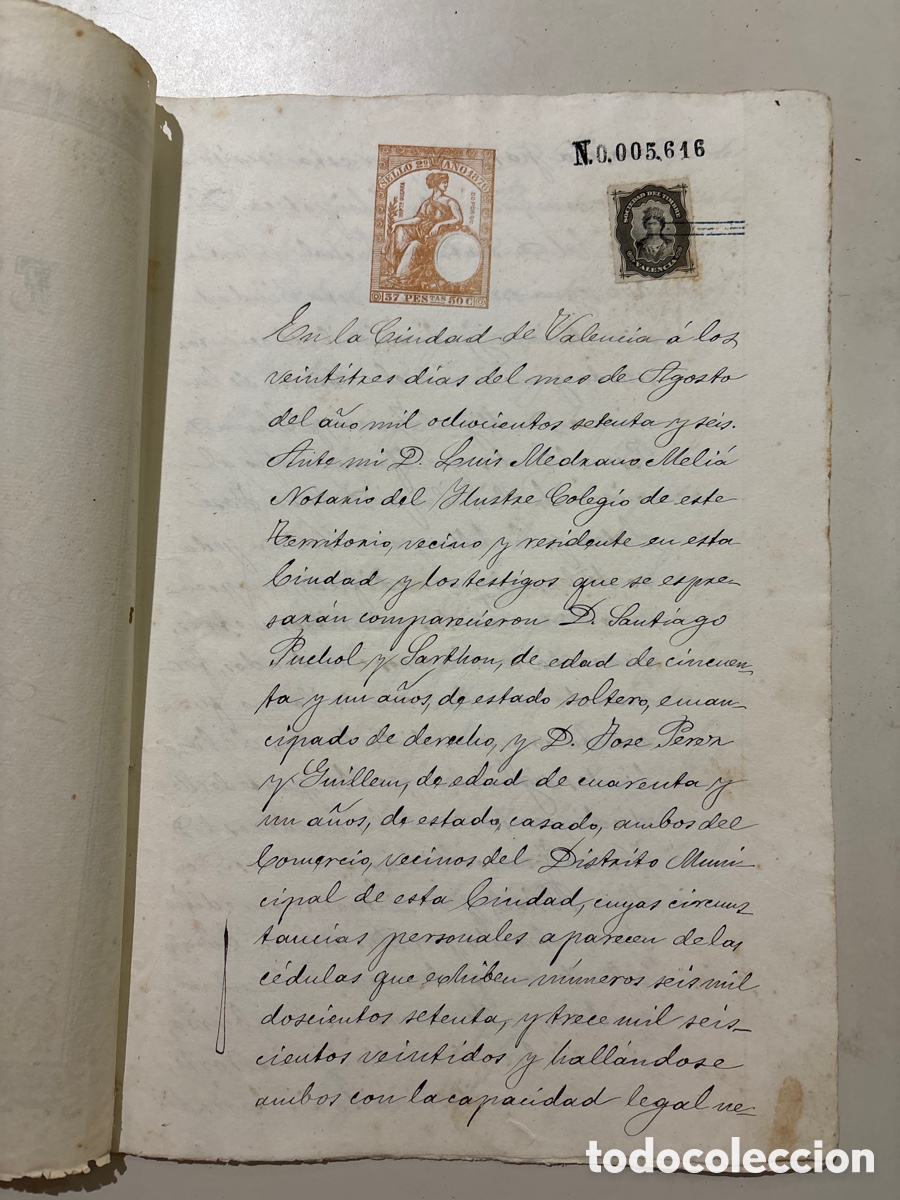 Manuscritos antiguos: DOC. ESCRITURA DE COMPRAVENTA E HIPOTECA TERRENO PARA EDIFICAR. VALENCIA, 23 AGOSTO 1876. - Foto 2