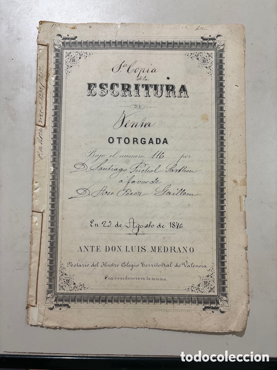 Manuscritos antiguos: DOC. ESCRITURA DE COMPRAVENTA E HIPOTECA TERRENO PARA EDIFICAR. VALENCIA, 23 AGOSTO 1876. - Foto 1