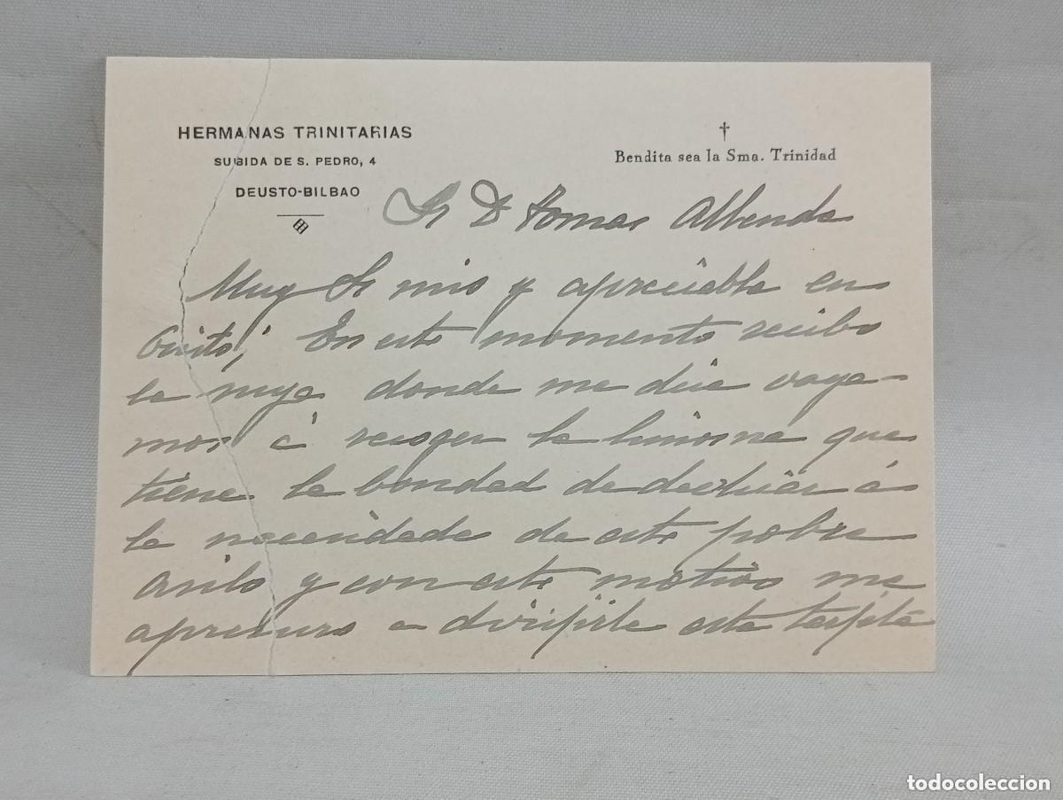 Manuscritos antiguos: HERMANAS TRINITARIAS. DEUSTO &ndash; BILBAO. TARJETA MANUSCRITA - Foto 1