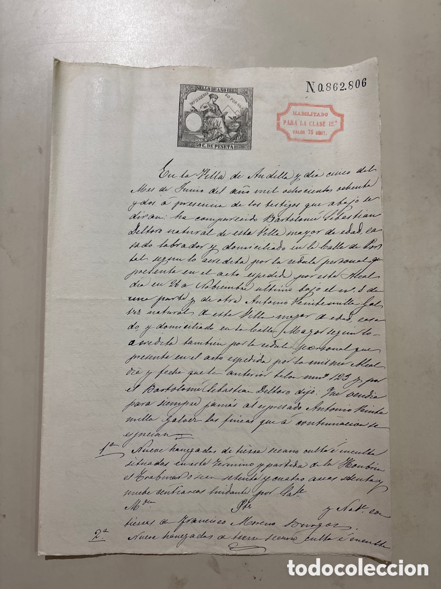 Manuscritos antiguos: DOC. VILLA DE ANDILLA, 5 JUNIO 1882. VENTA DE TIERRAS.