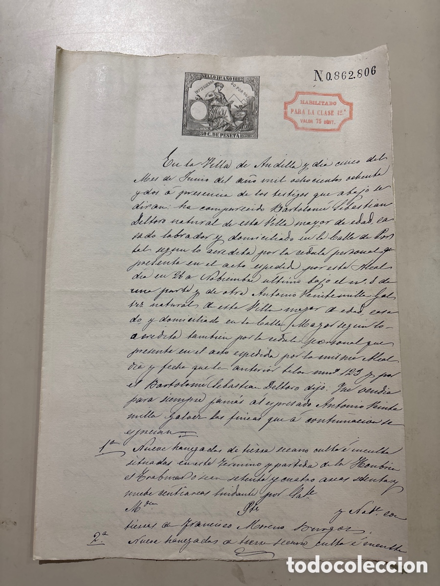 Manuscritos antiguos: DOC. VILLA DE ANDILLA, 5 DE JUNIO DE 1882. VENTA DE TIERRAS. - Foto 1