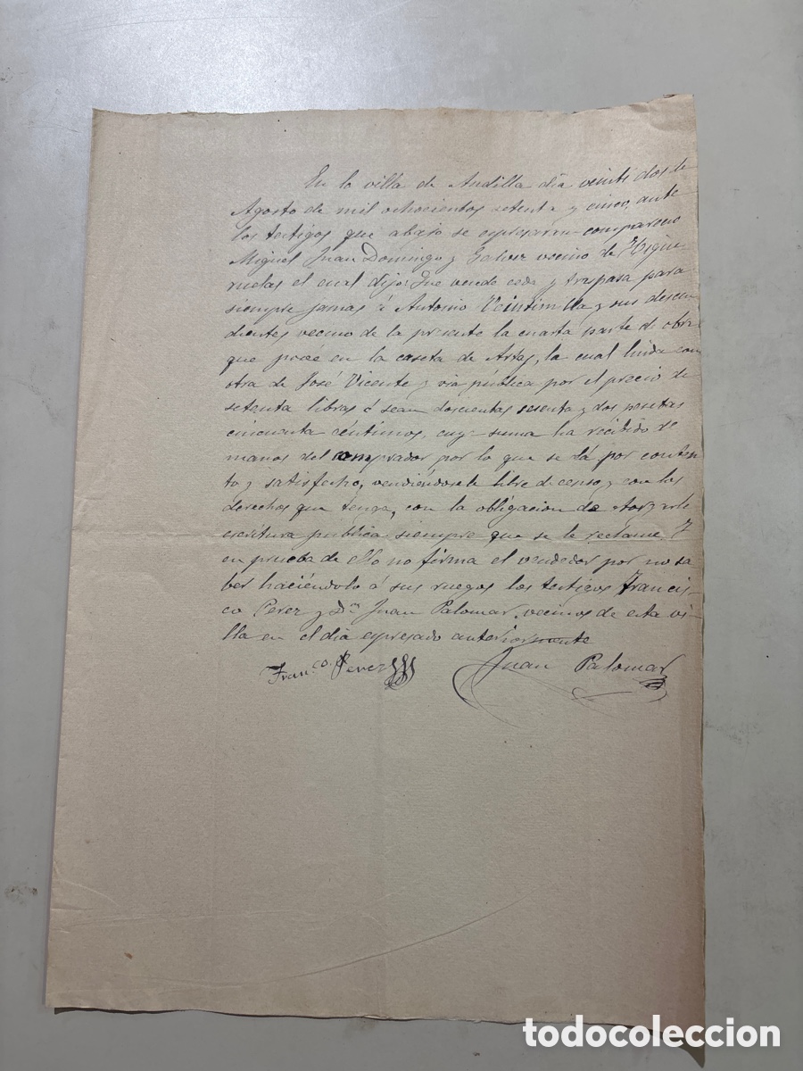 Manuscritos antiguos: DOC. EN LA VILLA DE ANDILLA 22 DE AGOSTO 1875. VENTA DE TIERRAS.