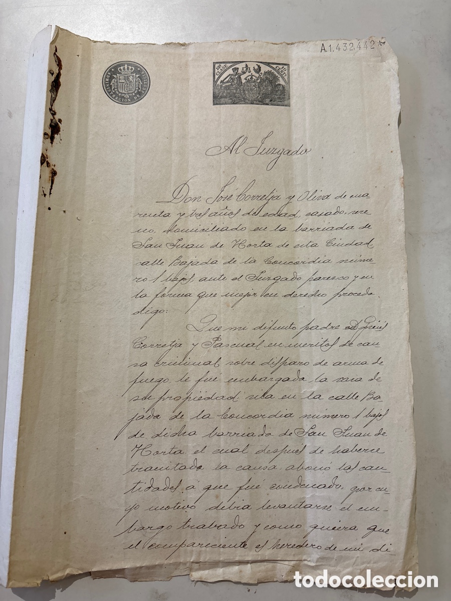 Manuscritos antiguos: DOC. CAUSA CRIMINAL. DISPARO Y RECIBO, ARMA DE FUEGO. BARCELONA, 27 ABRIL 1878.