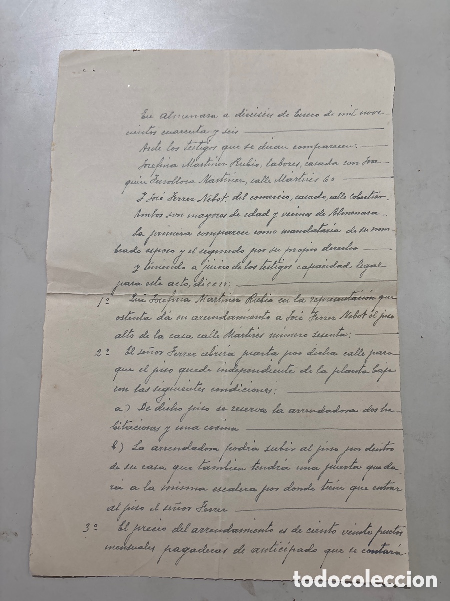 Manuscritos antiguos: DOC. ARRENDAMIENTO DE CASA EN ALMENARA, 16 ENERO 1946. - Foto 1