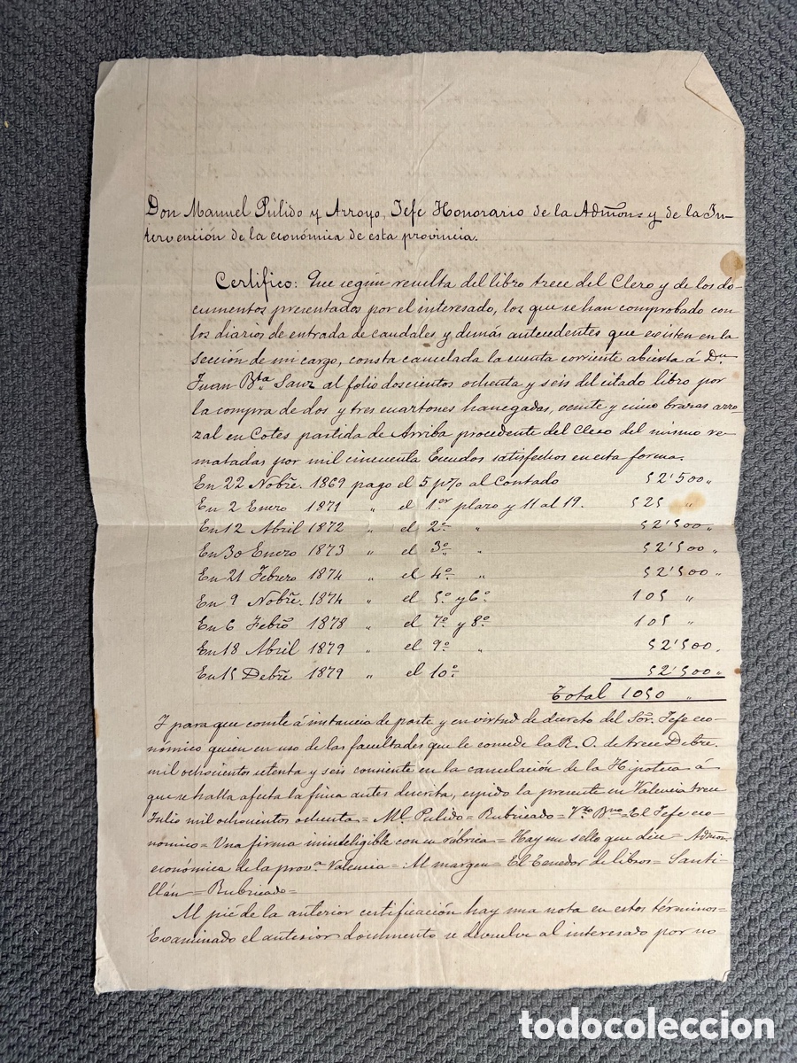 Manuscritos antiguos: COTES, Alcira.. (Valencia) Venta de tierras del Clero y 25 brazas de arrozales.. Alberique (a.1880)