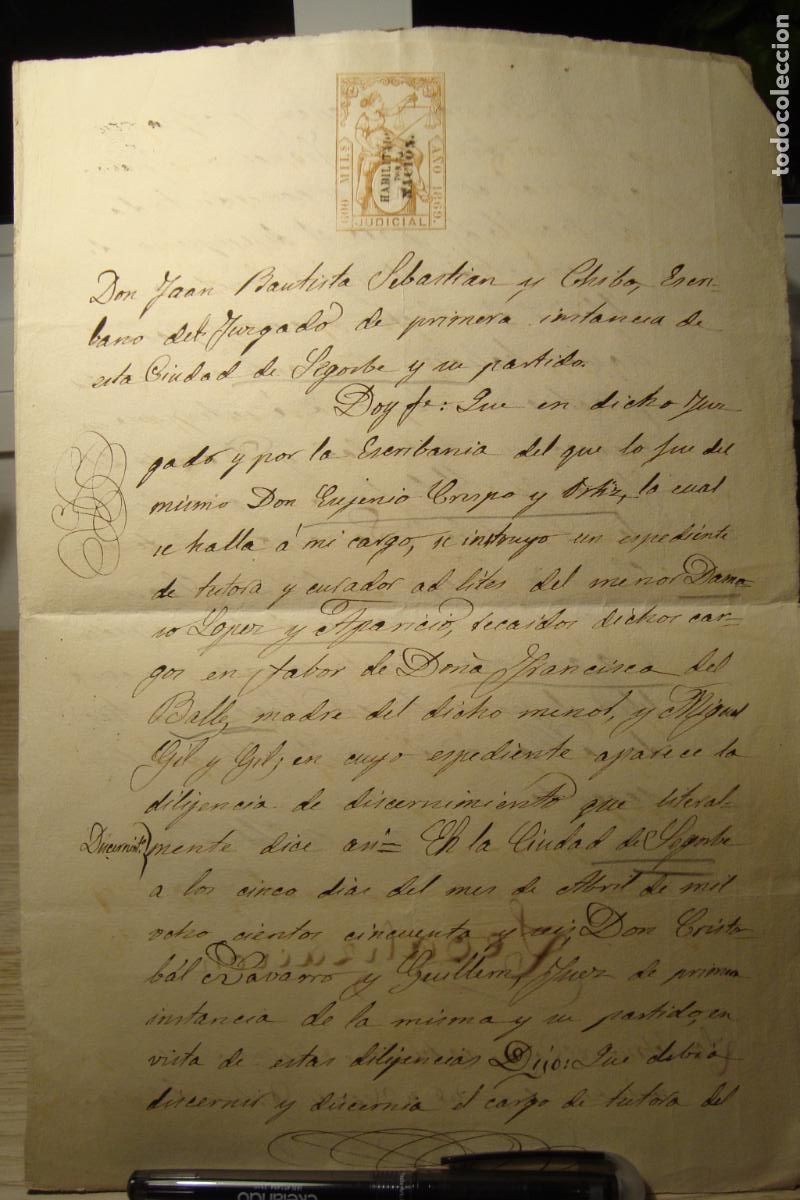 Ancient Manuscripts: ESCRITURA DAMASO LOPEZ APARICIO - M. BAUTISTA SEBASTIAN OLIVA. SEGORBE 1869 TIMBRE HABILITADO NACION