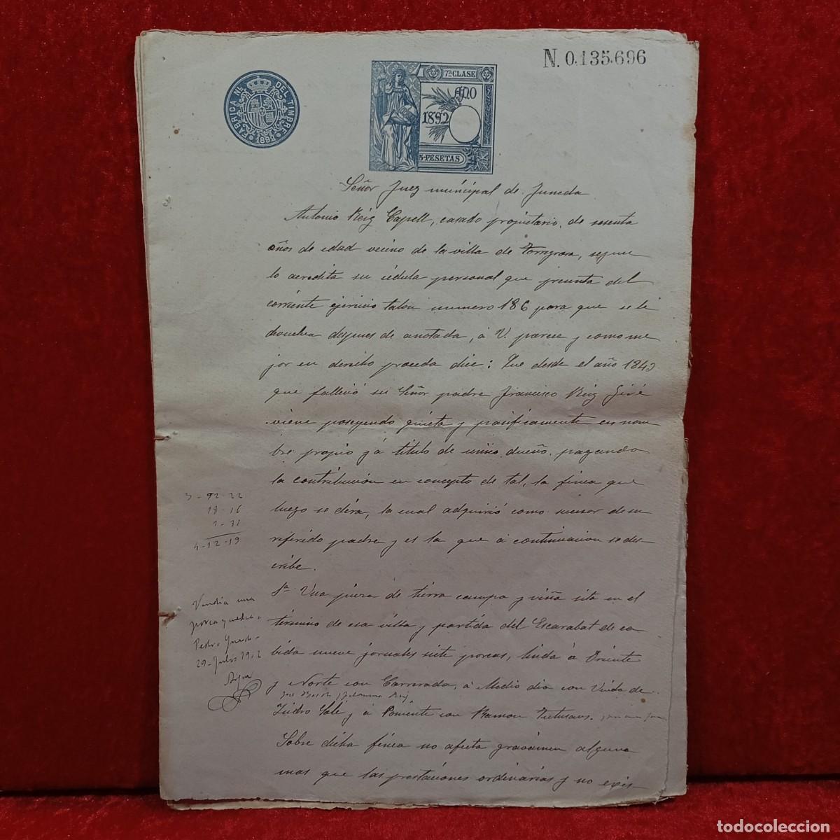 Manuscritos antiguos: ESCRITURAS NOTARIALES DE JUNEDA Y TORREGROSA - 1892 Y 1884 - OBISPADO DE L&Eacute;RIDA / CAA - 37 - Foto 1