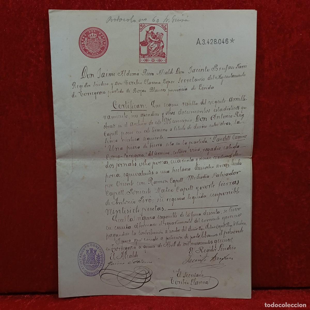 Manuscritos antiguos: DOCUMENTO NOTARIAL - BORJAS BLANCAS - TORREGROSA - L&Eacute;RIDA - 1915 - ALCALDE Y EDIL / CAA - 41 - Foto 1