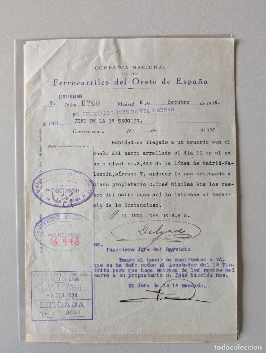 Manuscritos antiguos: 2/OCT/1934 TALAVERA - GRAN LOTE 4 DOCUMENTOS - FERROCARRILES OESTE DE ESPA&Ntilde;A - Foto 1
