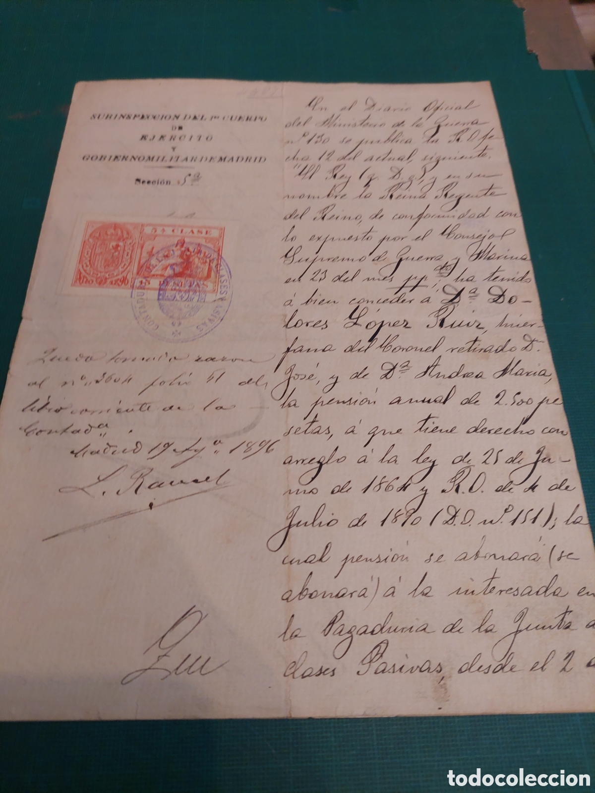 Manuscritos antiguos: 1896 Madrid gobierno militar ej&eacute;rcito poliza 5 clase - Foto 1