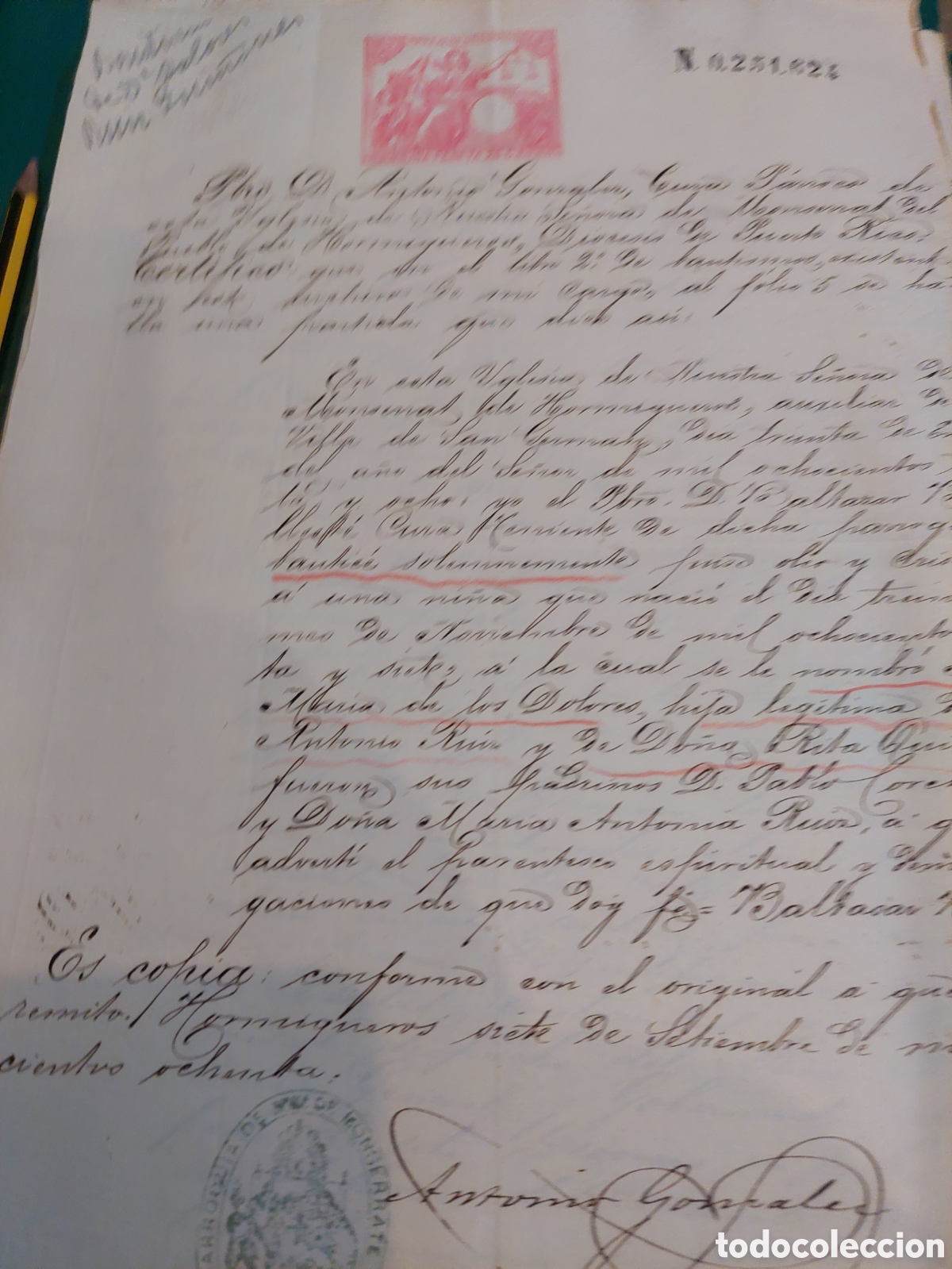 Manuscritos antiguos: 1880 documento una peseta bautismo certificado - Foto 1