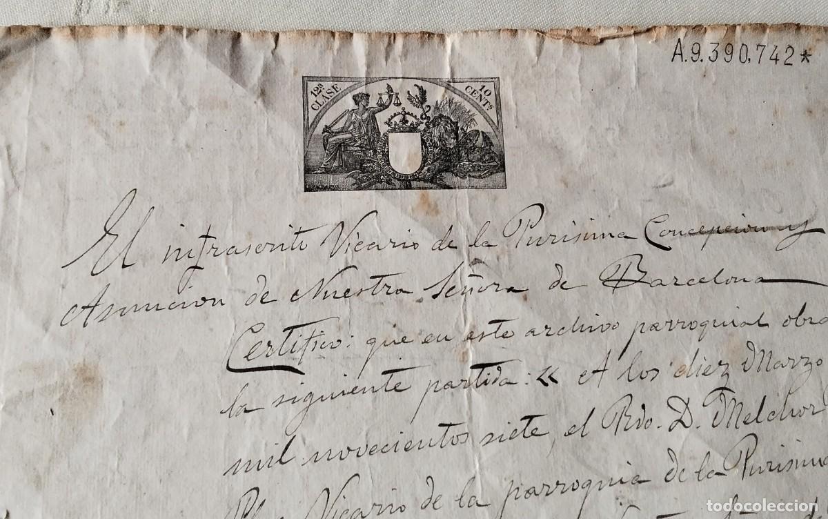 Manuscritos antiguos: BARCELONA , MANUSCRITO CON POLIZA DEL A&Ntilde;O 1907 - Foto 3