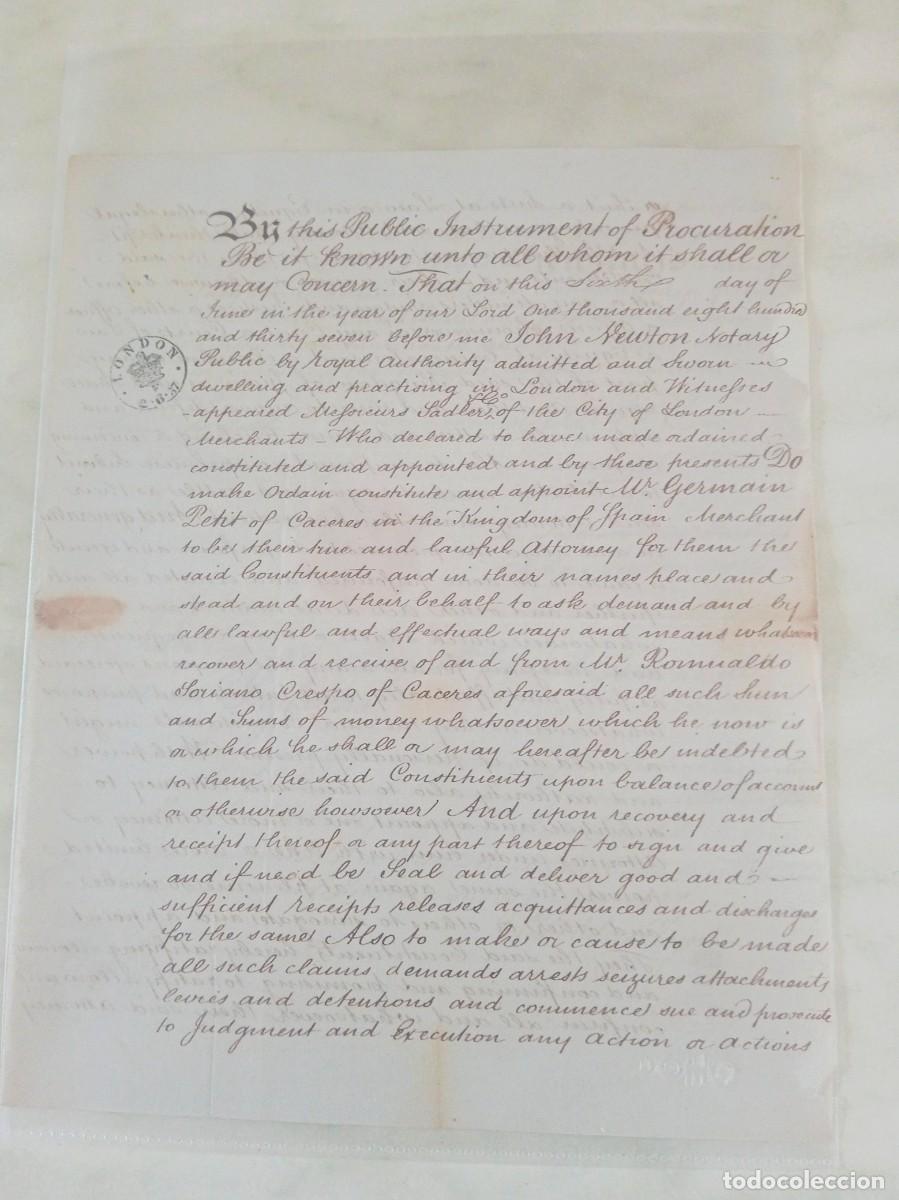 Manuscritos antiguos: PODER NOTARIAL A GERMAIN PETIT PARA COMERCIAR EN LONDRES (EXPORTACION DE LANA DE C&Aacute;CERES). 1837 - Foto 1