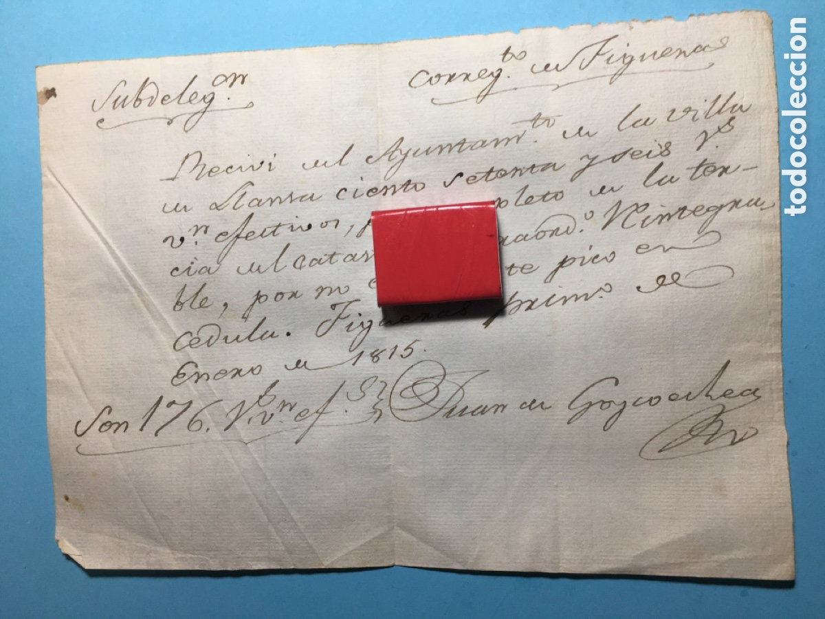 Manuscritos antiguos: 1815 FIGUERAS RECIB&Iacute; DEL AYUNTAMIENTO DE LLANS&Aacute; 176 MARAVEDIS &iquest;? - Foto 1