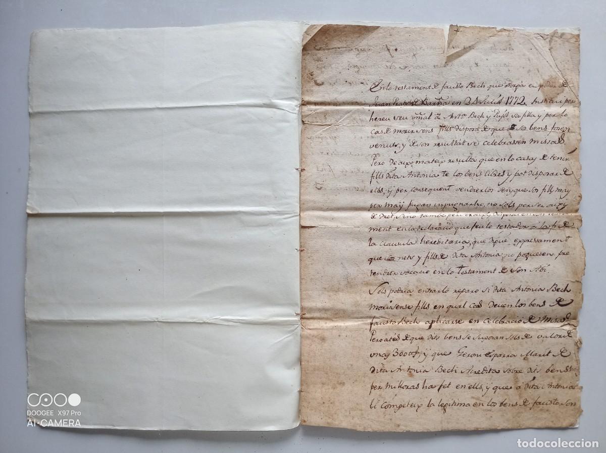 Manuscritos antiguos: LIBRERIA GHOTICA. TESTAMENT DE FAUSTO BECH 2 DE JULIOL DE 1772. MANUSCRITO EN CATALAN 3