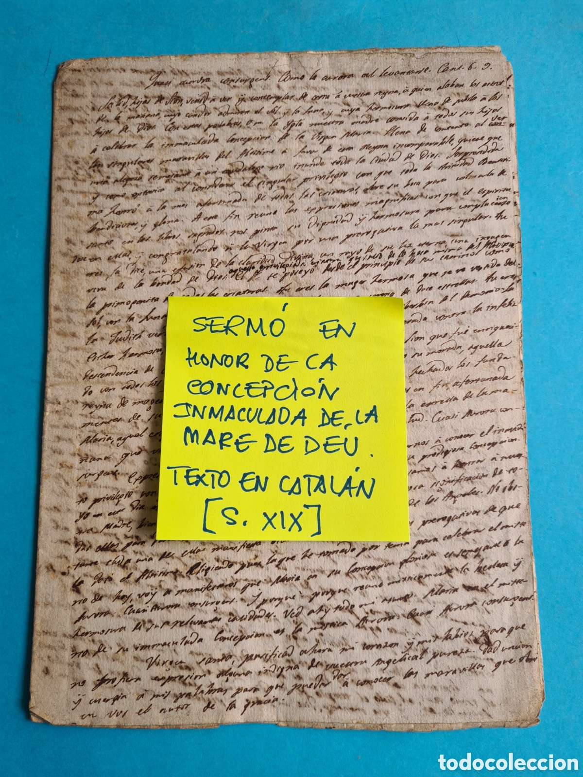Manuscritos antiguos: CATALU&Ntilde;A S. XIX - SERMON EN HONOR INMACULADA CONCEPCION DE MARIA 8 PAGS TEXTO MANUSCRITO EN CASTELLA