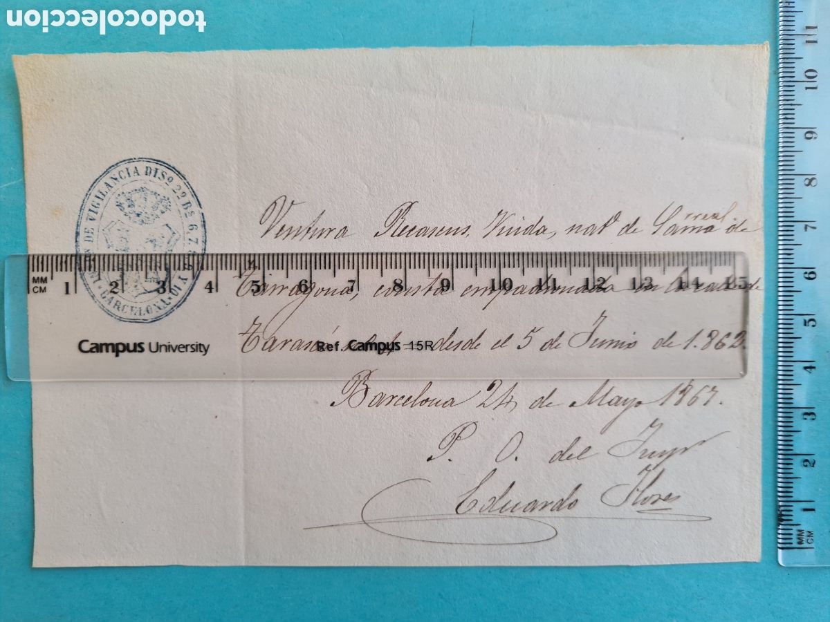 Manuscritos antiguos: CATALU&Ntilde;A BARCELONA - CERTIFICADO DE RESIDENCIA - CALLE TARASCO - 1867 - SELLO INSPECCION VIGILANCIA
