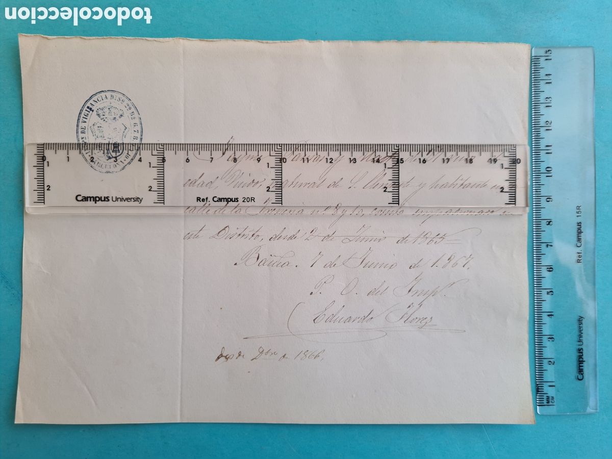 Manuscritos antiguos: CATALU&Ntilde;A BARCELONA - CERTIFICADO DE RESIDENCIA - CALLE IRENENA - 1867 - SELLO INSPECCION VIGILANCIA