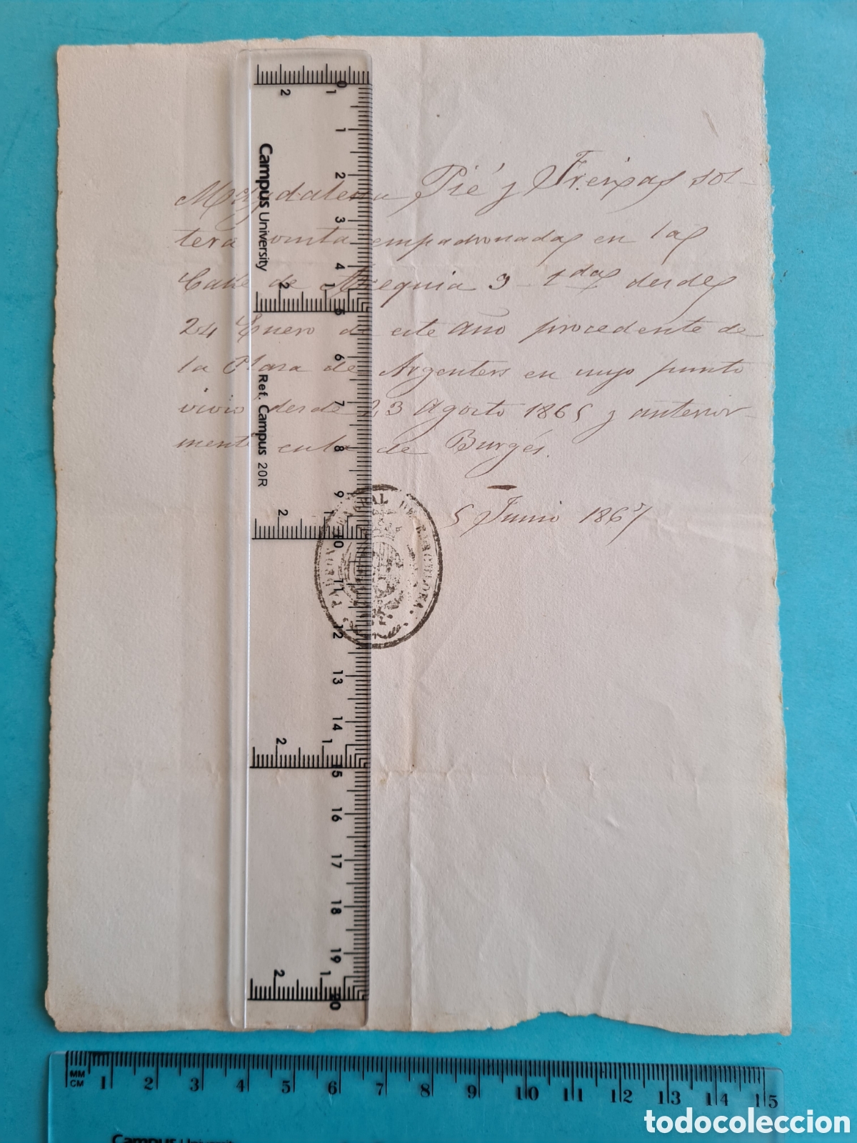 Manuscritos antiguos: CATALU&Ntilde;A BARCELONA - CERTIFICADO DE RESIDENCIA - CALLE ACEQUIA - 1867 - SELLO PADRON GENERAL BARNA