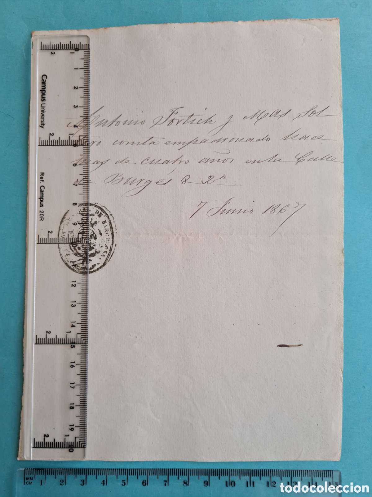Manuscritos antiguos: CATALU&Ntilde;A BARCELONA - CERTIFICADO DE RESIDENCIA - CALLE DE BURGES - 1867 - SELLO PADRON GENERAL BARNA