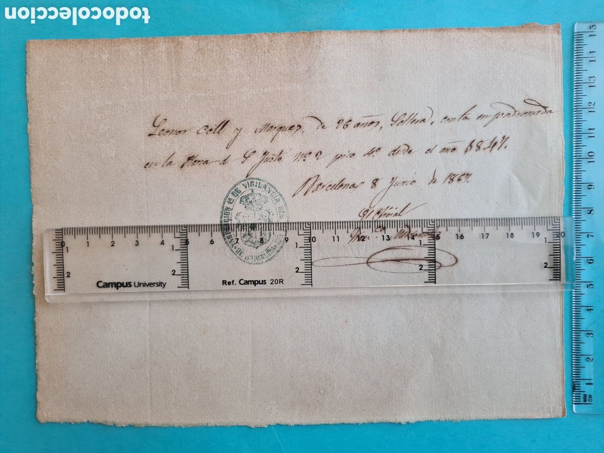 Manuscritos antiguos: CATALU&Ntilde;A BARCELONA - CERTIFICADO DE RESIDENCIA - PLAZA SAN JUSTO - 1867 SELLO INSPECCION VIGILANCIA