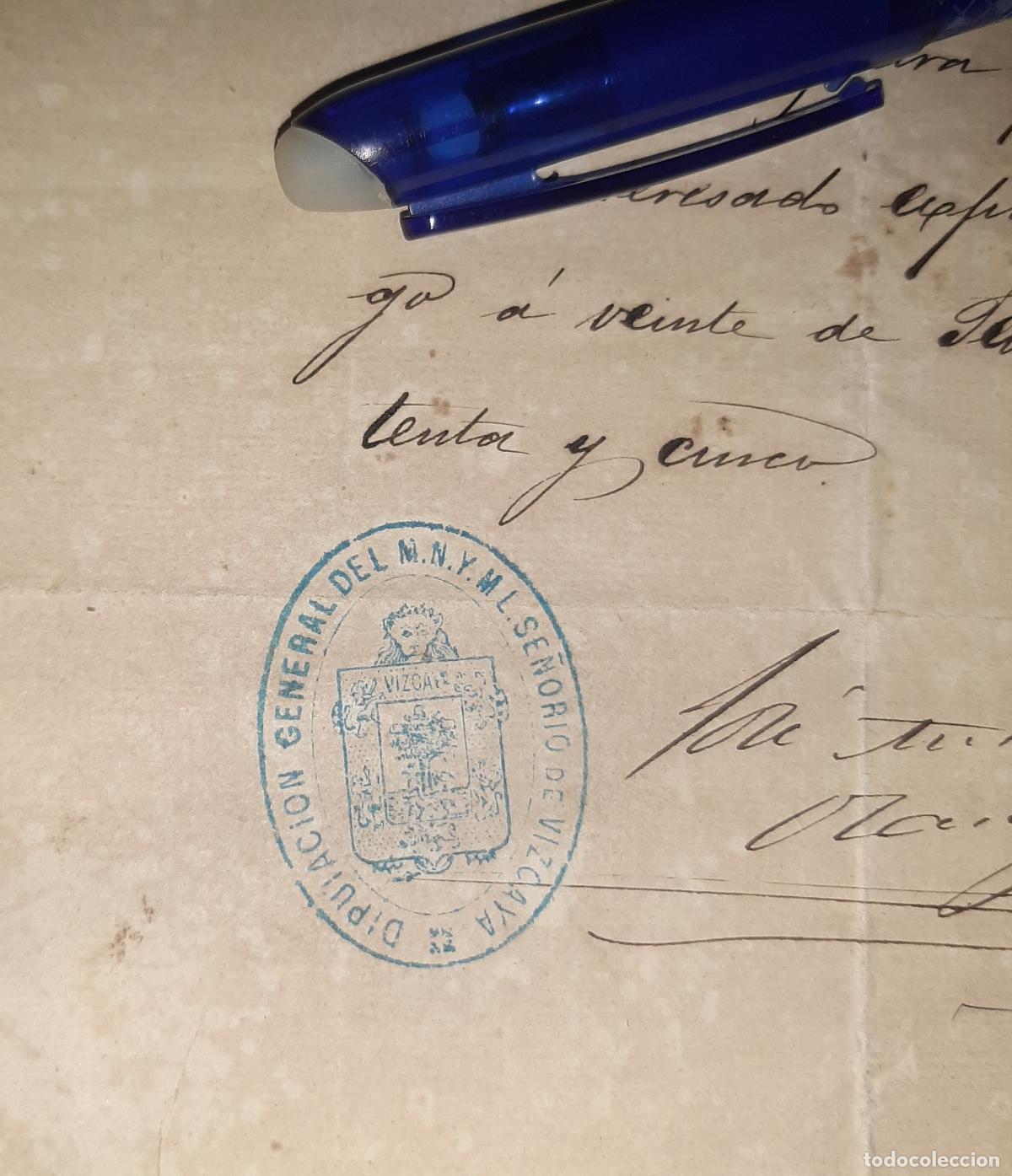 Manuscritos antiguos: CERTIFICADO DEL GOBIERNO UNIVERSAL DEL SE&Ntilde;ORIO DE VIZCAYA 1875 - Foto 2