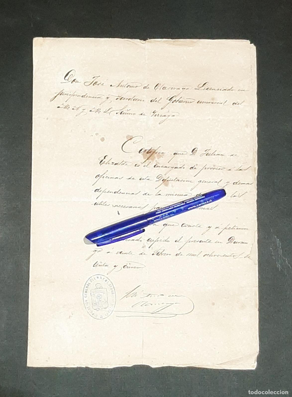 Manuscritos antiguos: CERTIFICADO DEL GOBIERNO UNIVERSAL DEL SE&Ntilde;ORIO DE VIZCAYA 1875 - Foto 1