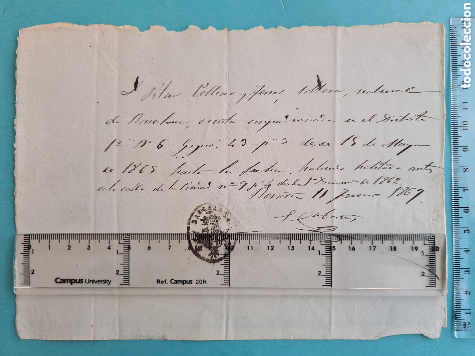 Manuscritos antiguos: CATALU&Ntilde;A BARCELONA - CERTIFICADO DE RESIDENCIA - 1867 - RARO SELLO BARCELONA Y ESCUDO