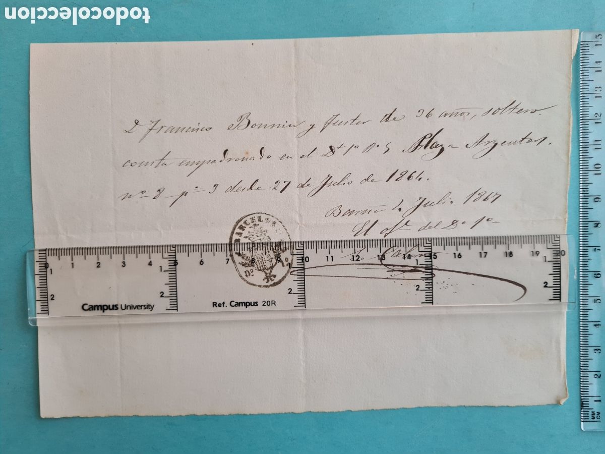 Manuscritos antiguos: CATALU&Ntilde;A BARCELONA - CERTIFICADO DE RESIDENCIA - PLAZA ARGENTON 1867 - RARO SELLO BARCELONA Y ESCUDO