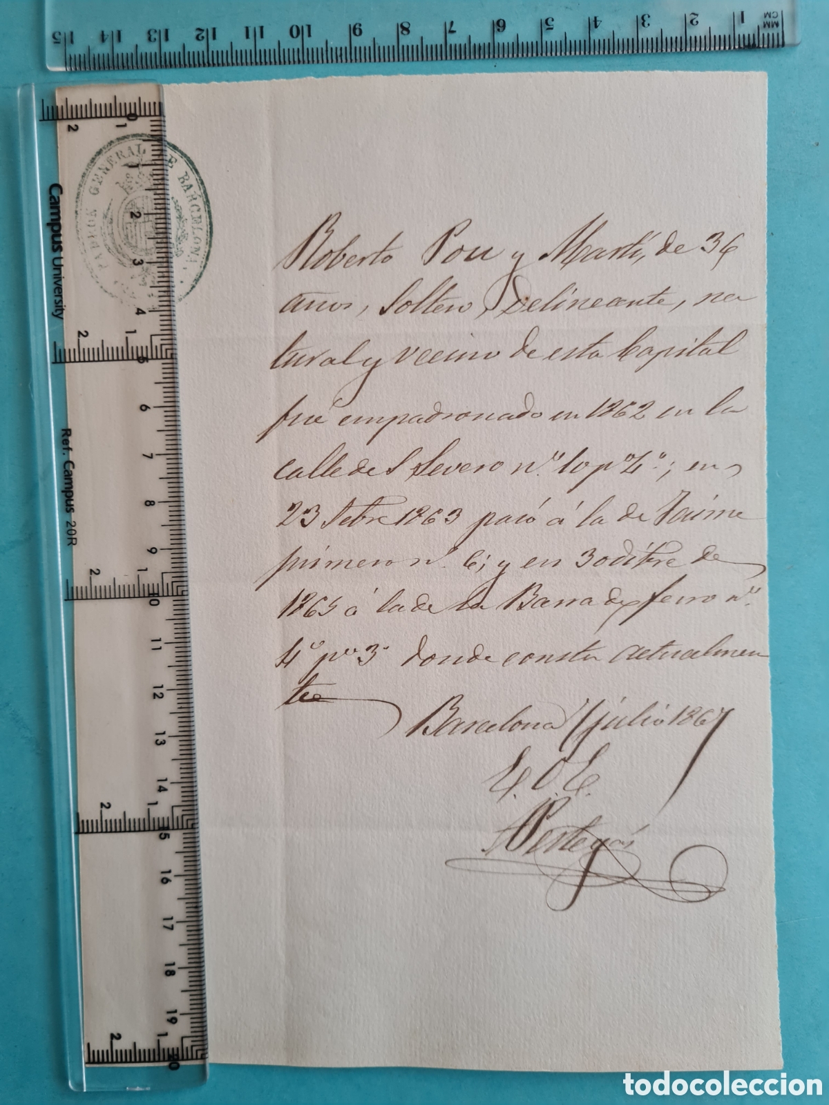 Manuscritos antiguos: CATALU&Ntilde;A BARCELONA - CERTIFICADO DE RESIDENCIA -CALLE JAIME I 1867 - SELLO PADRON BARCELONA Y ESCUDO