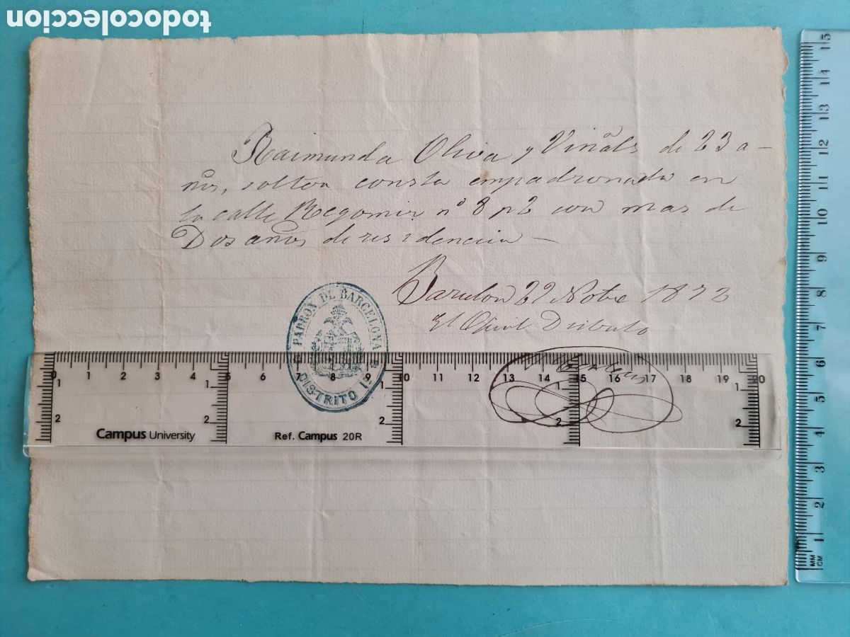 Manuscritos antiguos: CATALU&Ntilde;A BARCELONA - CERTIFICADO DE RESIDENCIA -CALLE REGOMIR 1867 - SELLO PADRON BARCELONA DTO. 12