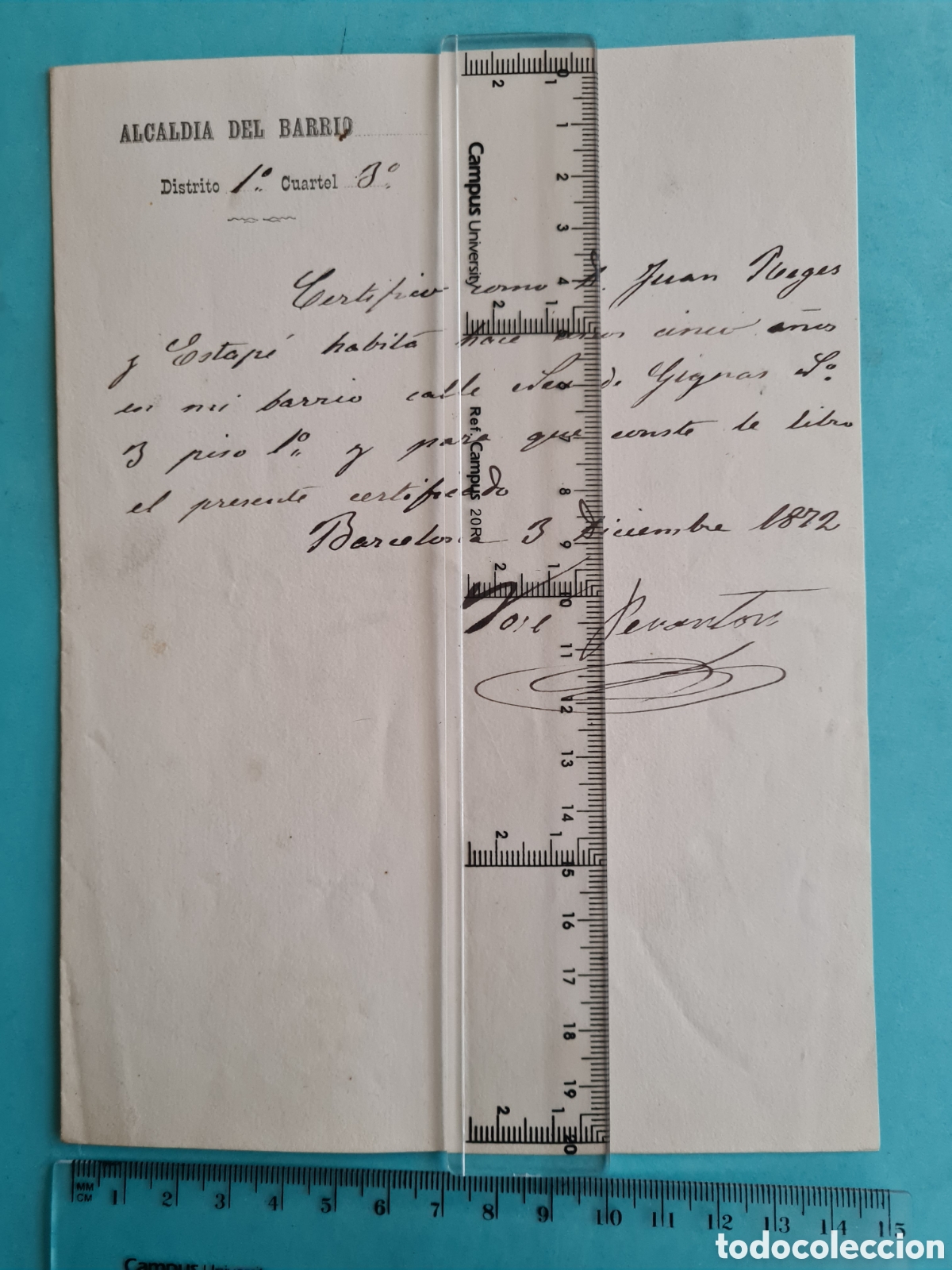Manoscritti antichi: CATALU&Ntilde;A BARCELONA - CERTIFICADO DE RESIDENCIA - 1872 - MEMBRETE ALCALDIA DE BARRIO