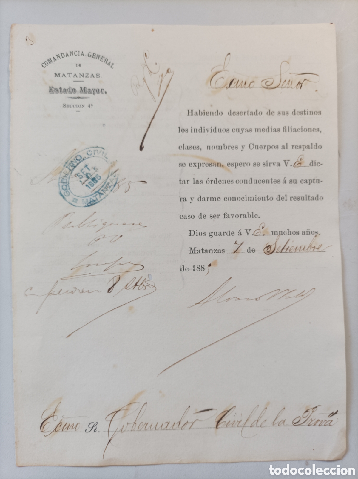 Manuscritos antiguos: Cuba espa&ntilde;ola , comunicaci&oacute;n de deserci&oacute;n de efectivo del ej&eacute;rcito espa&ntilde;ol ,a&ntilde;o 1889. - Foto 1