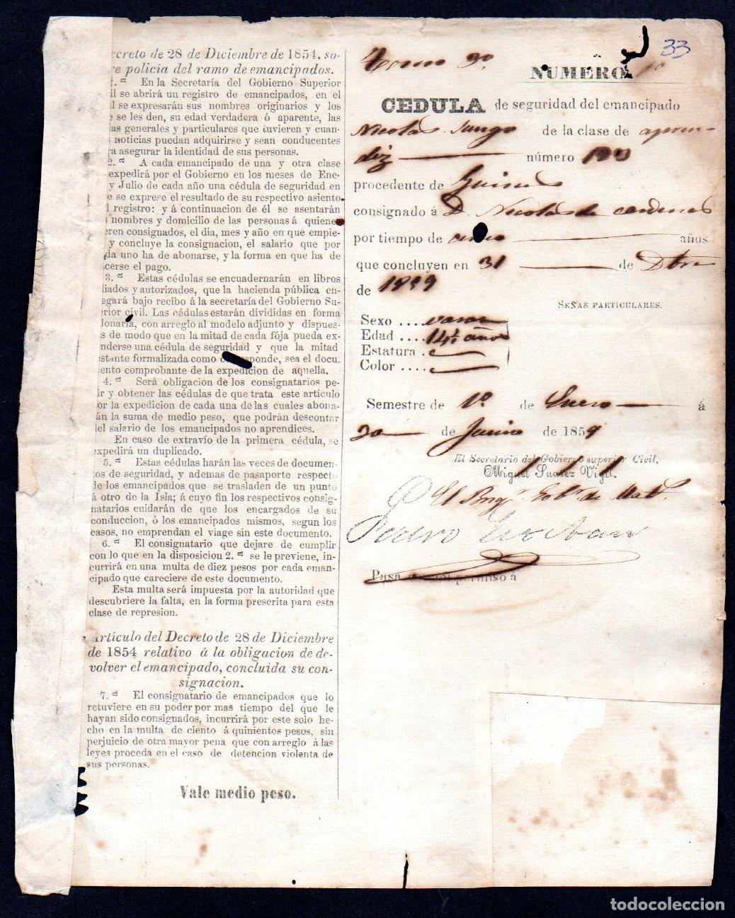 Manuscritos antiguos: CEDULA DE IDENTIDAD DE ESCLAVO EMANCIPADO - CUBA 1859 - Foto 1
