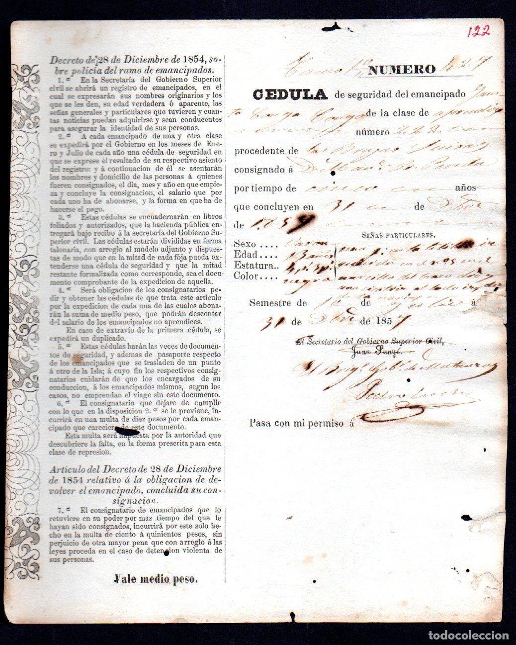 Manuscritos antiguos: CEDULA DE IDENTIDAD DE ESCLAVO EMANCIPADO - CUBA 1857 - Foto 1