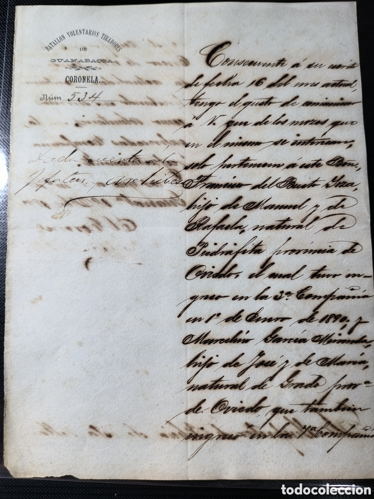 Manuscritos antiguos: Cuba , documento batall&oacute;n voluntarios tiradores de guanabacoa,a&ntilde;o 1890 - Foto 1