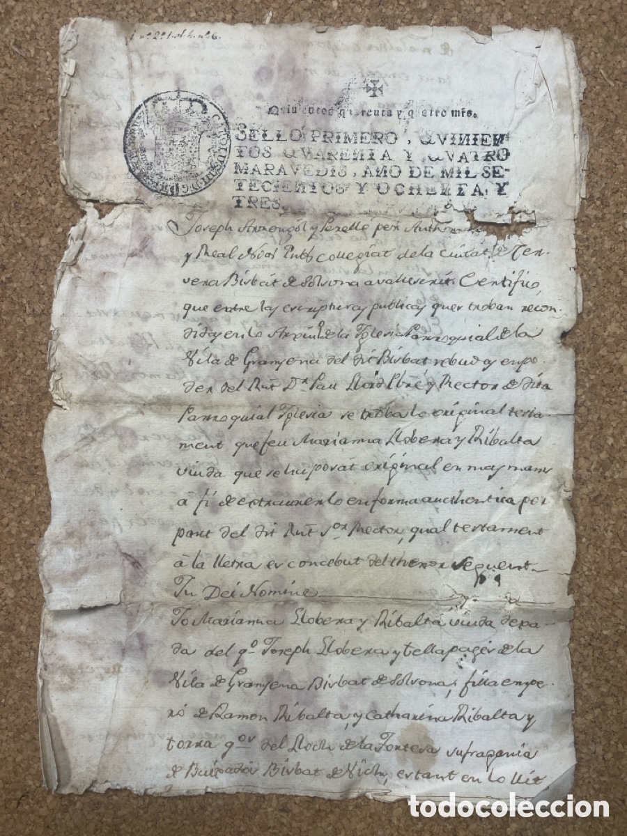 Manuscritos antiguos: Documento 1783 Testamento en Catal&aacute;n Llovera Ribalta Vila de Gra&ntilde;ena Bisbat de Solsona - Foto 1
