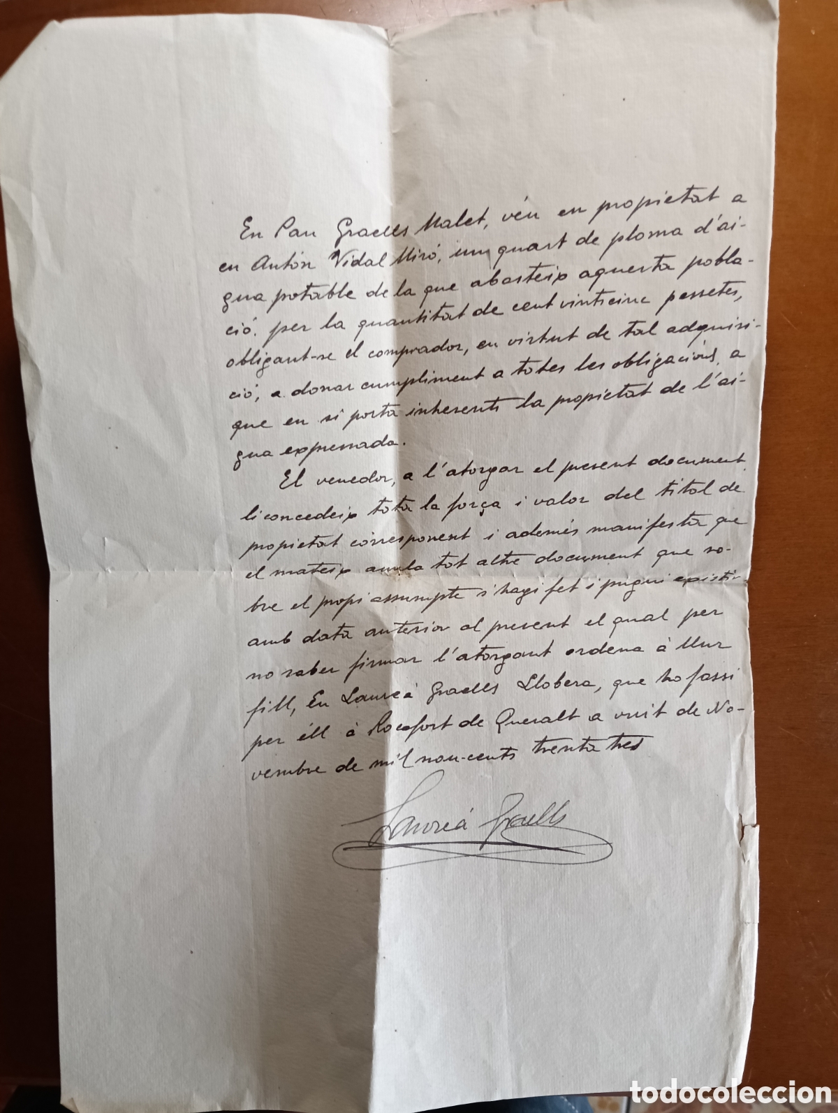 Manuscritos antigos: Venta de derechos de agua, Rocafort de Queralt 1933 Pau Gracels Malet vende a Anton Vidal un cuarto