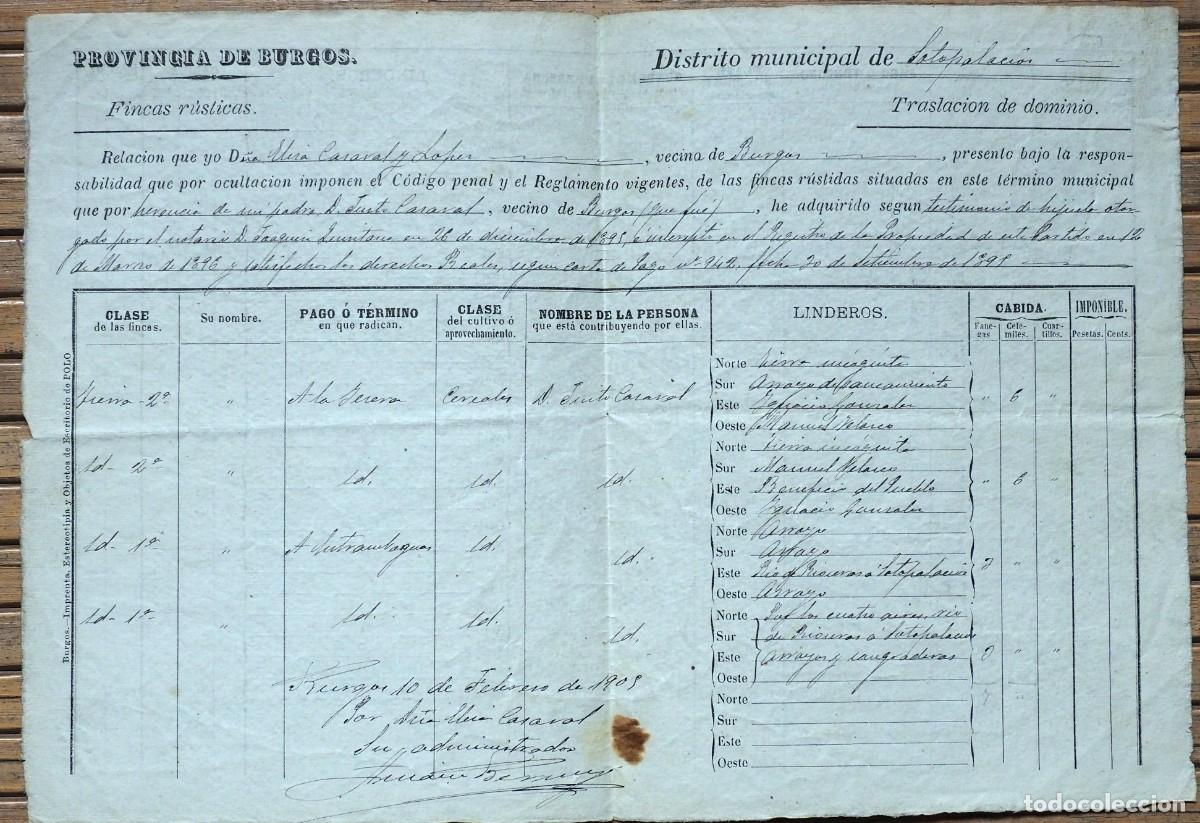 Manuscritos antiguos: ANTIGUO DOCUMENTO DE FINCAS R&Uacute;STICAS: SOTOPALACIOS (BURGOS). A&Ntilde;O 1905 - Foto 1