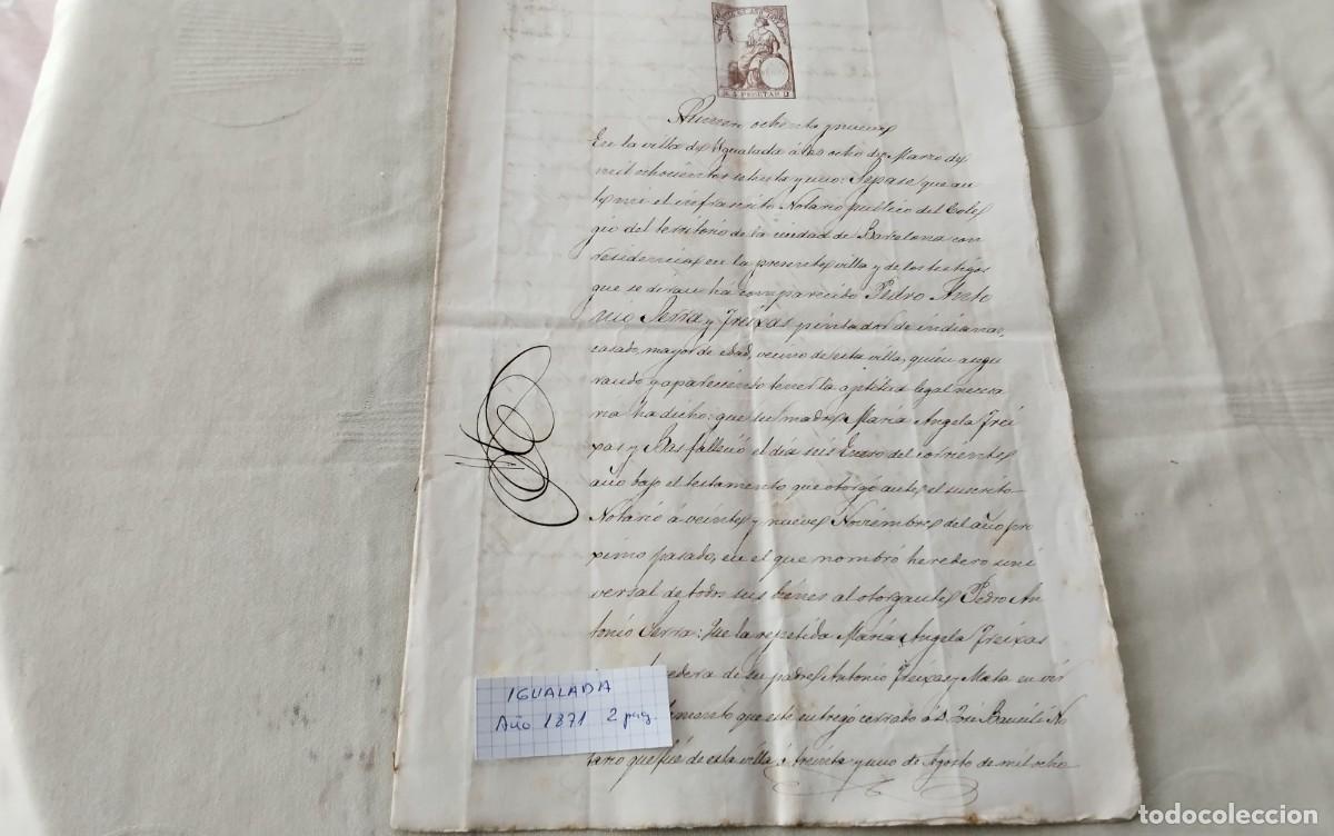 Manuscritos antiguos: IGUALADA MANUSCRITO CON TIMBROLOGIA A&Ntilde;O 1871 , 2 PG - Foto 1