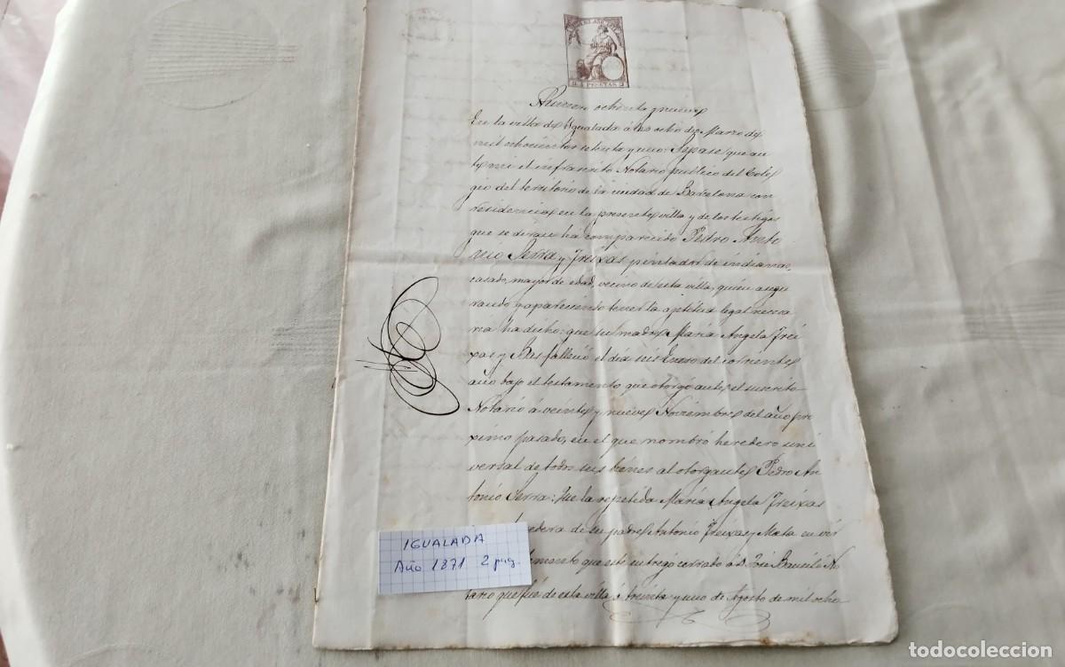 Manuscritos antiguos: IGUALADA MANUSCRITO CON TIMBROLOGIA A&Ntilde;O 1871 , 2 PG - Foto 2