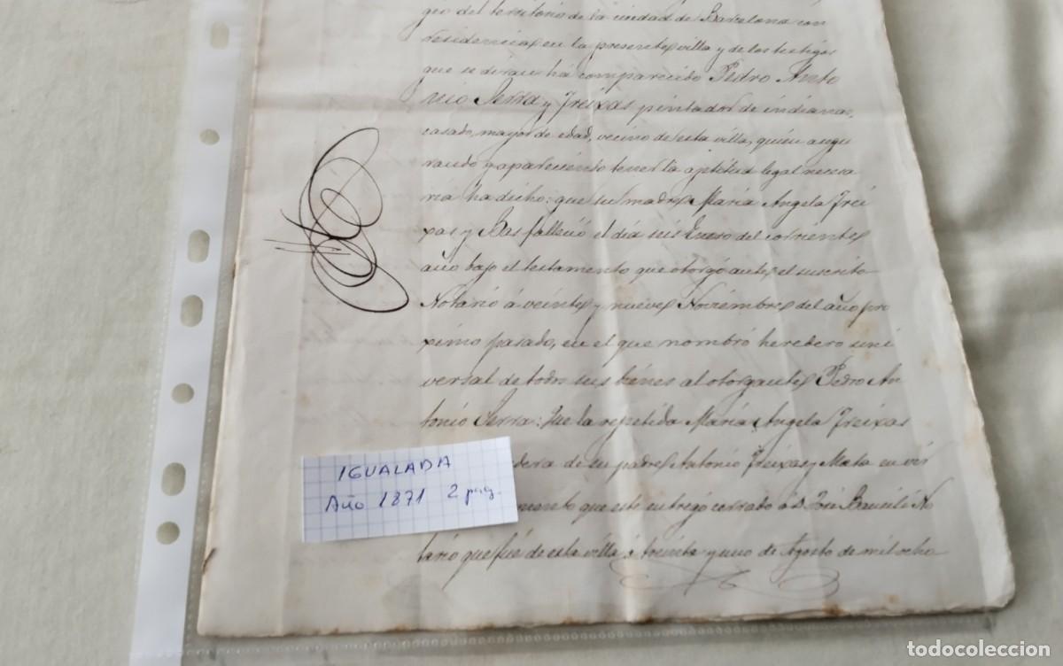 Manuscritos antiguos: IGUALADA MANUSCRITO CON TIMBROLOGIA A&Ntilde;O 1871 , 2 PG - Foto 9