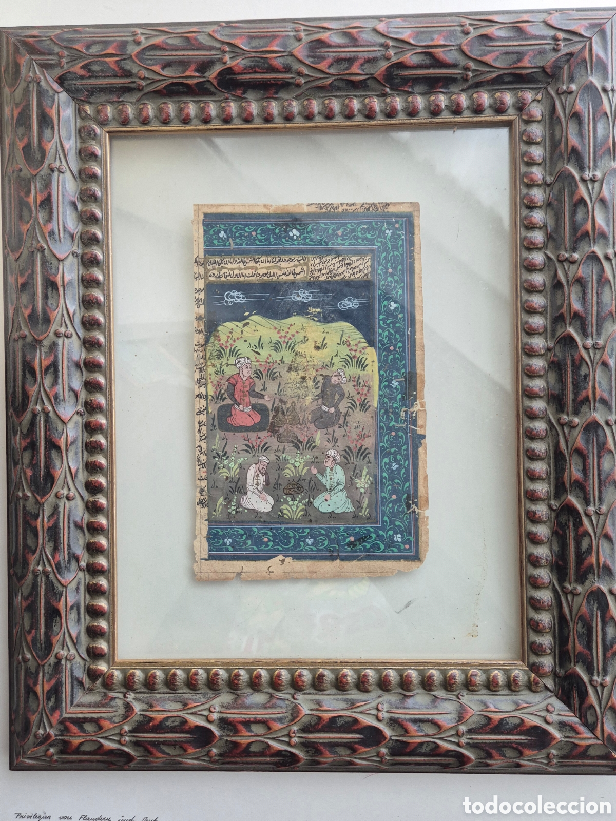 Alte Manuskripte: Miniatura persa antigua pintada a mano con manuscrito &middot; Enmarcada